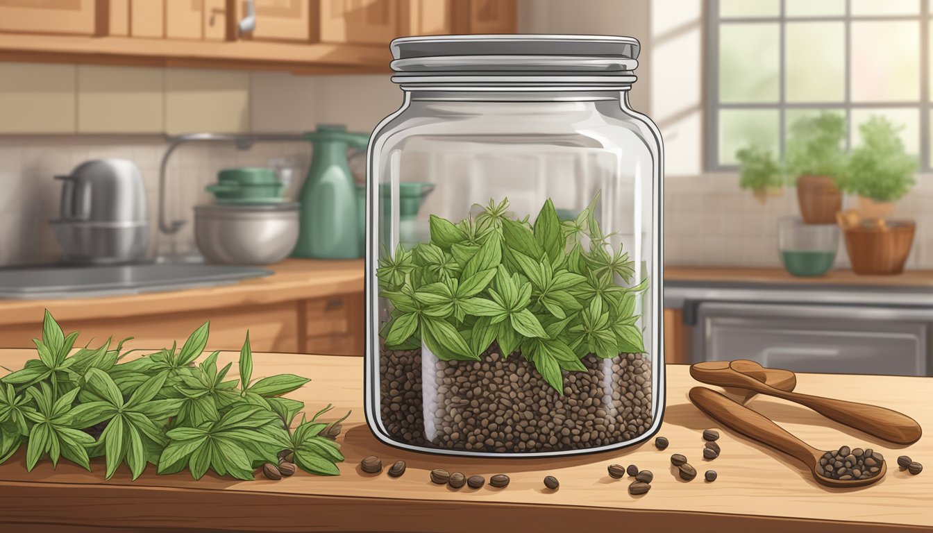 Anise seeds in a clear glass jar, labeled with expiration date, surrounded by fresh herbs and spices on a wooden kitchen counter