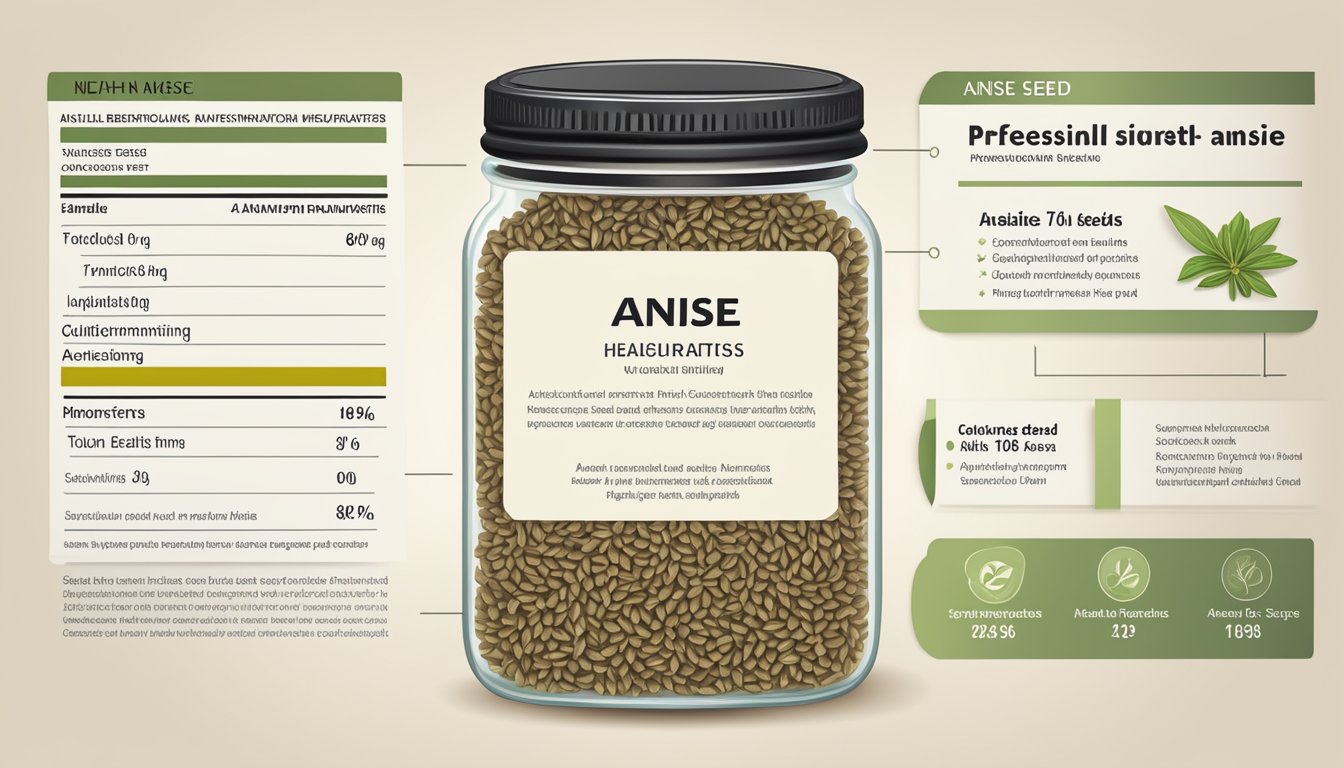 Anise seeds in a glass jar with a label showing health benefits and nutritional information