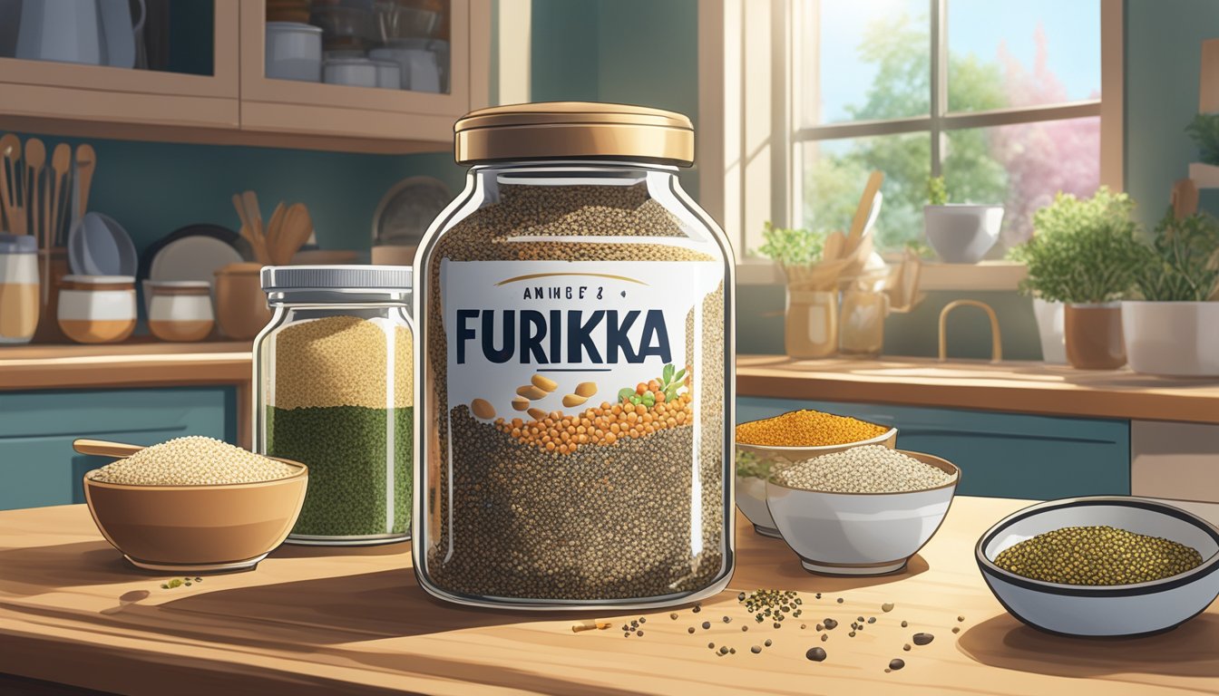 A jar of furikake sits on a kitchen counter, surrounded by various Japanese seasonings and spices. Sunlight streams in through the window, casting a warm glow on the colorful labels