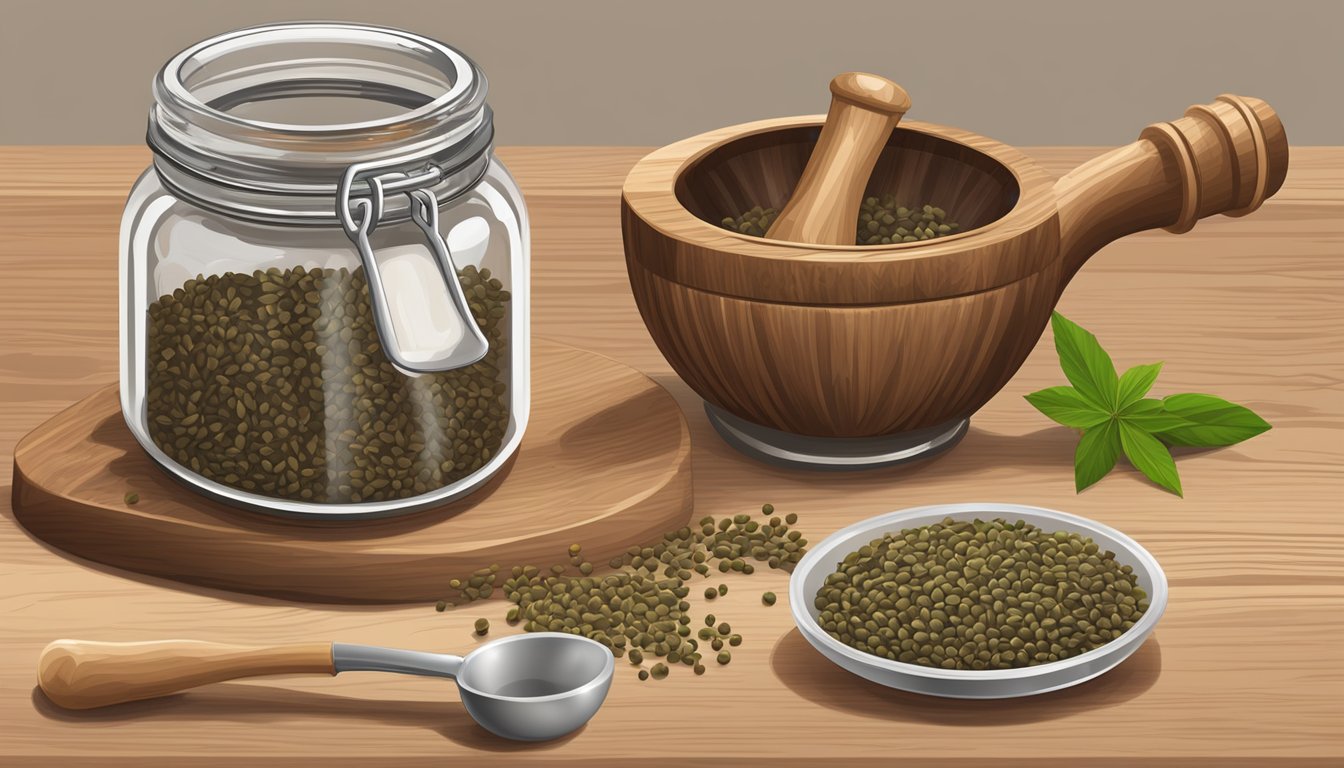 Anise seeds in a clear jar with a label, scattered on a wooden cutting board, surrounded by a mortar and pestle, and a small measuring spoon