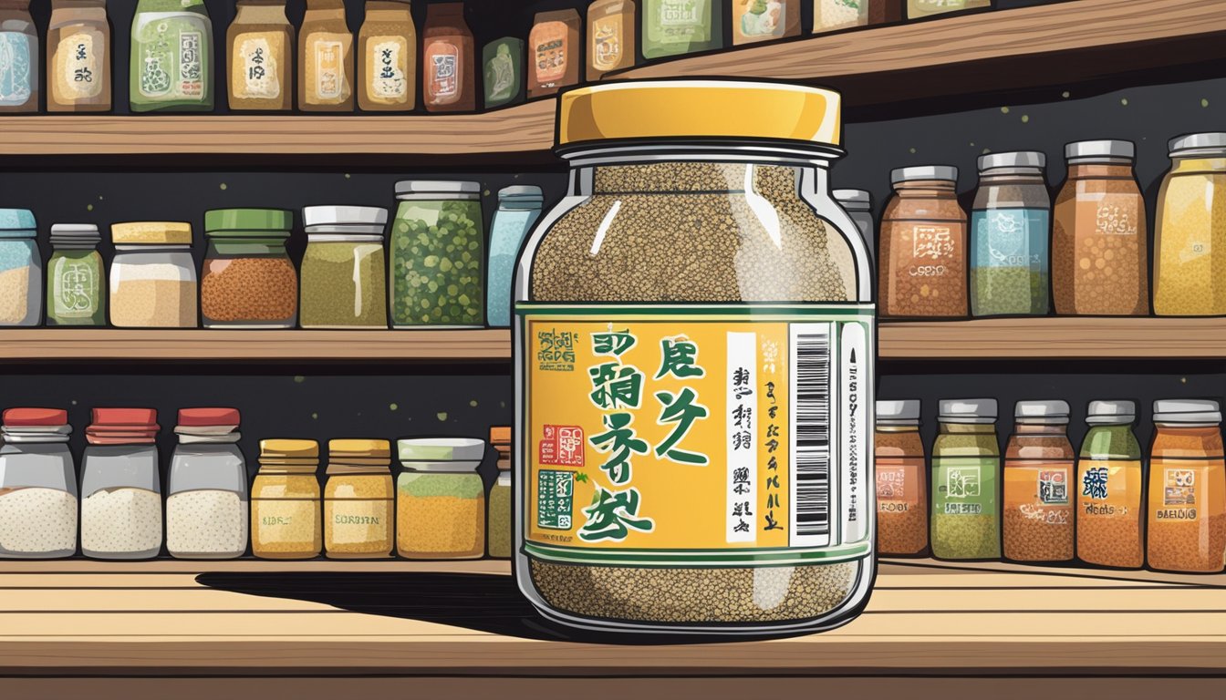 A jar of furikake sits on a kitchen shelf, surrounded by other condiments. The expiration date on the label is clearly visible