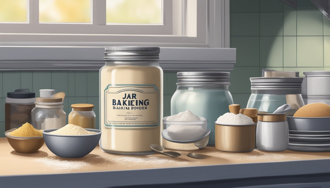 A jar of baking powder sits on a cluttered kitchen counter, surrounded by various baking ingredients and utensils. The lid is slightly ajar, and a faint cloud of powder hangs in the air