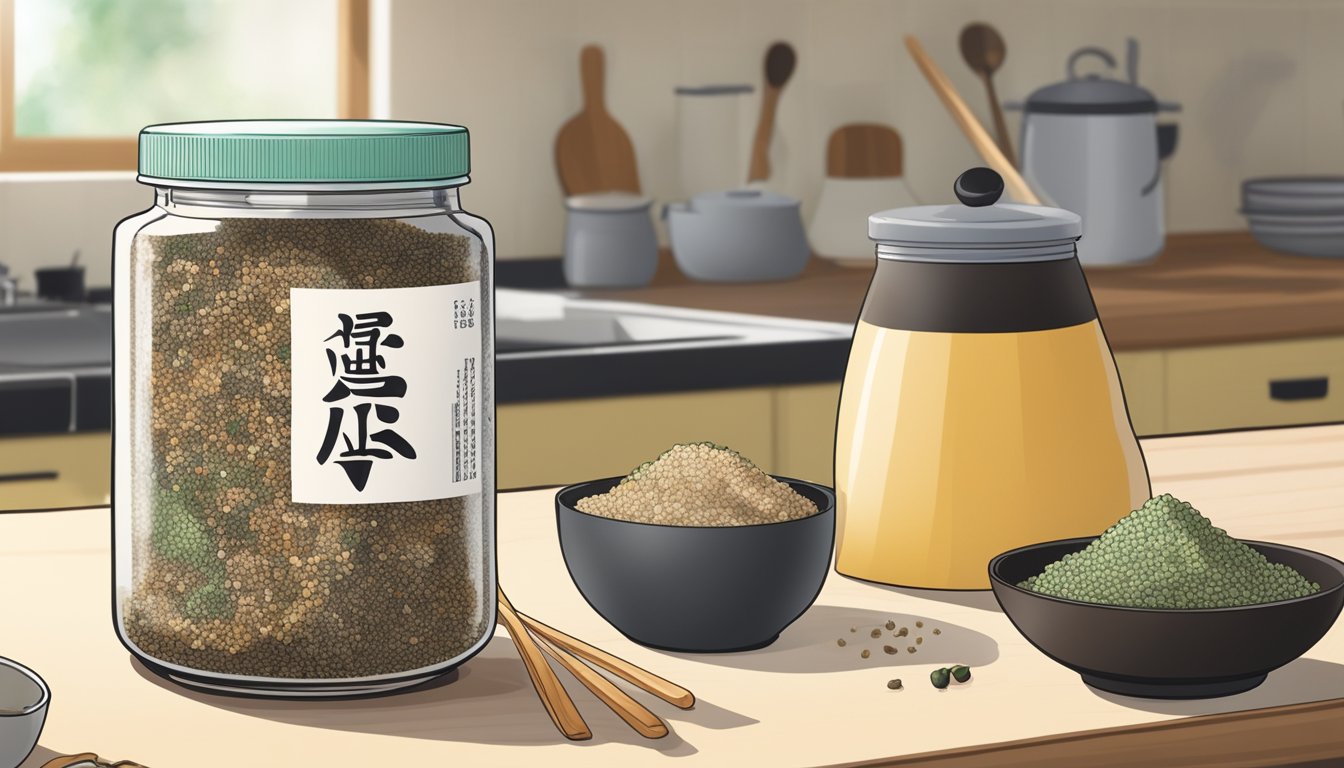 A jar of furikake sits on a kitchen counter, surrounded by various Japanese ingredients. The expiration date on the label is clearly visible