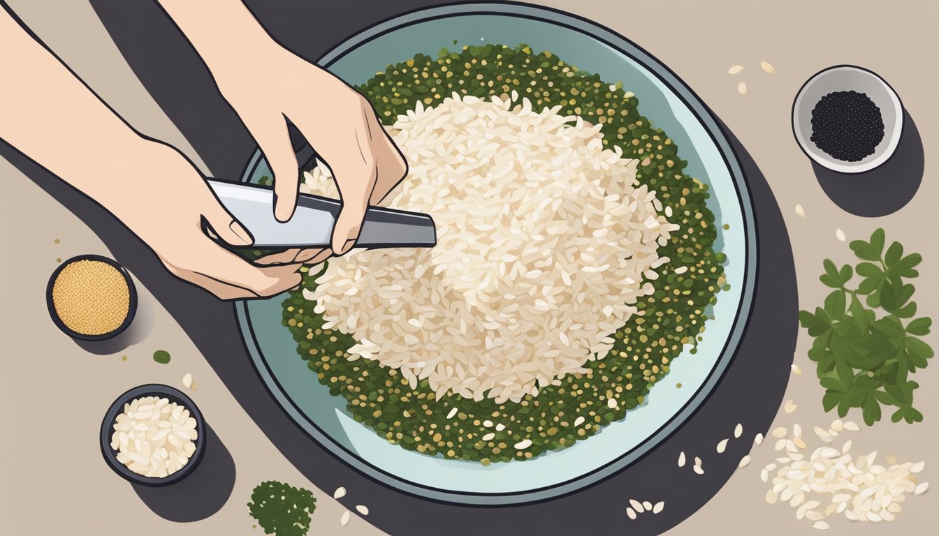 A hand pouring a mixture of sesame seeds, nori, and bonito flakes onto a bowl of rice