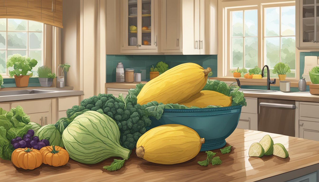 A whole, uncut spaghetti squash sits on a kitchen counter next to a pile of fresh produce