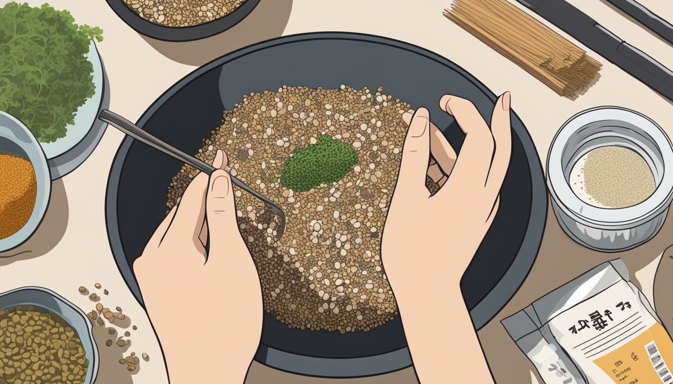 A bowl of furikake sits on a kitchen counter, surrounded by various ingredients and a nutrition label. A hand reaches for the bowl, suggesting interest in its health benefits