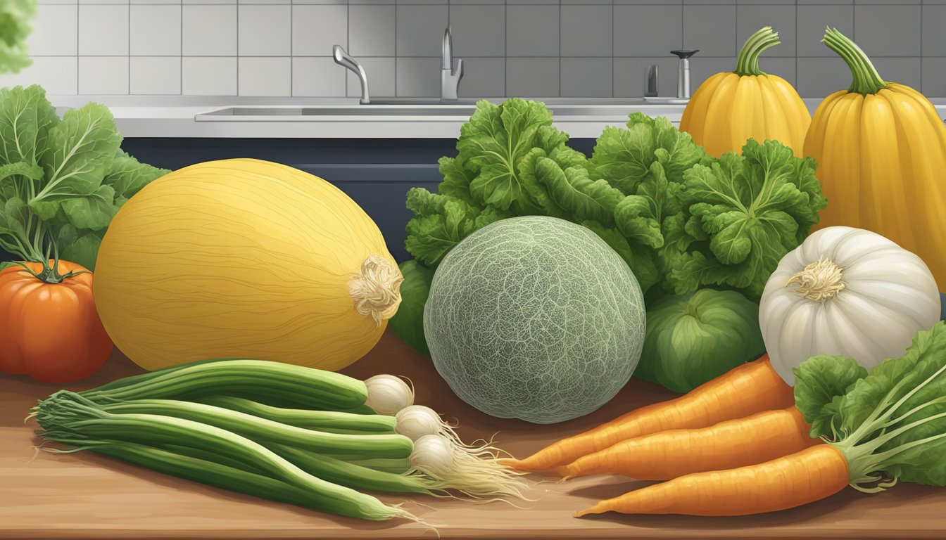 A whole spaghetti squash sitting on a kitchen counter, surrounded by other vegetables