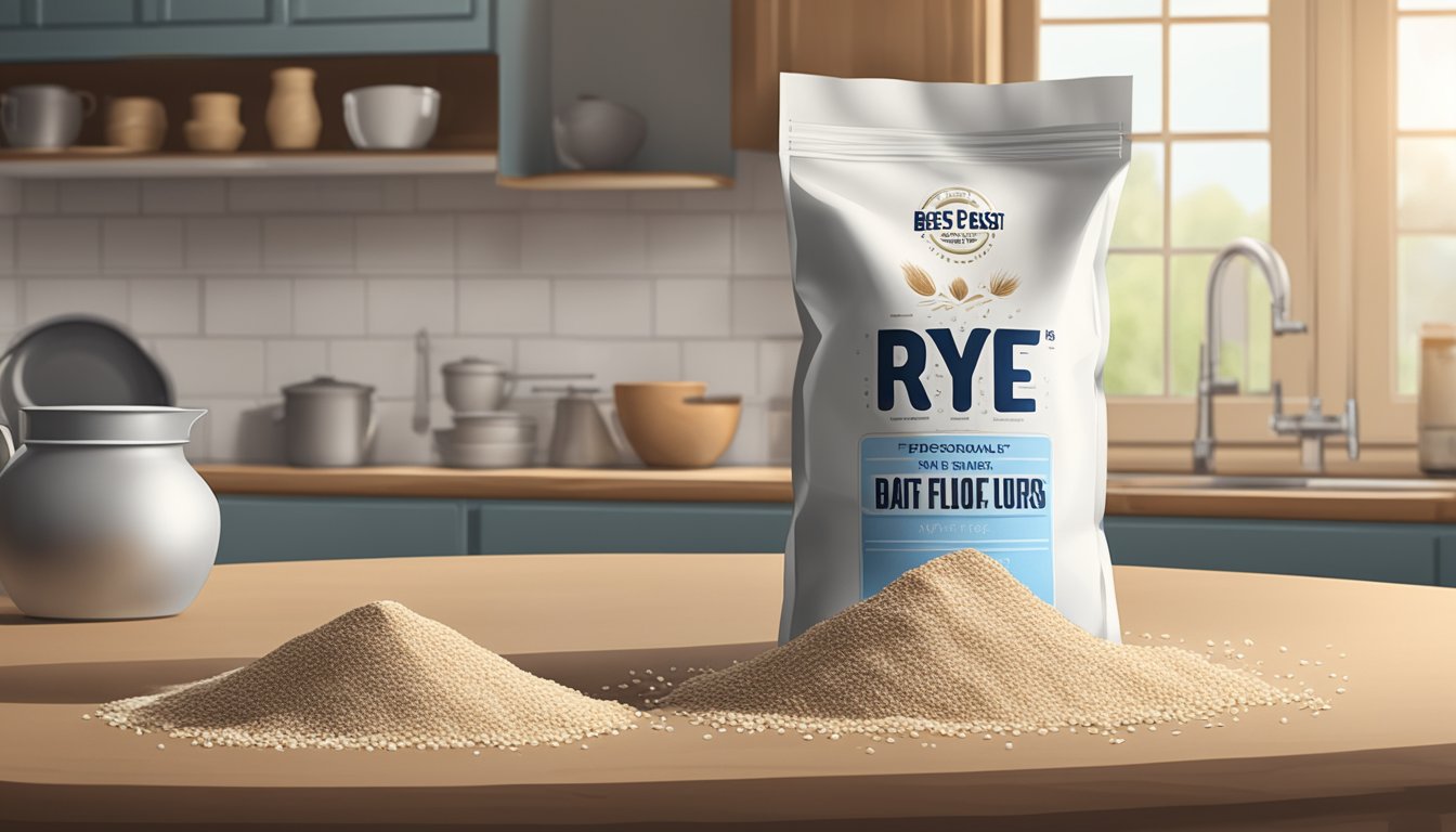 A bag of rye flour sits on a kitchen counter, with a best-by date visible. A few scattered grains are spilled nearby