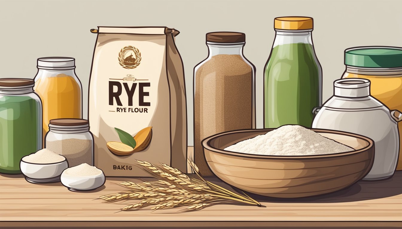 A bag of rye flour sits on a kitchen shelf, surrounded by other baking ingredients. The flour appears dry and powdery, with no signs of spoilage