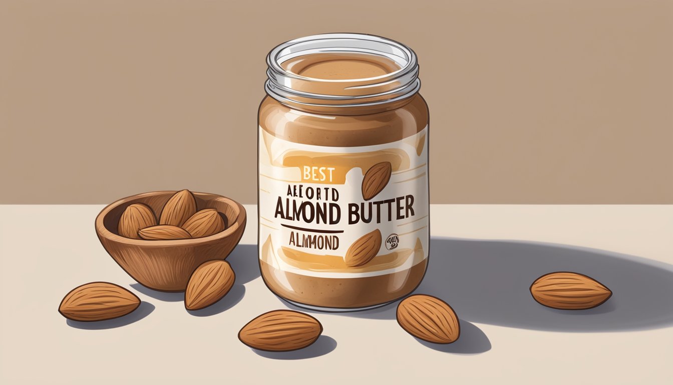 An open jar of almond butter surrounded by a few almonds and a best before date on the label