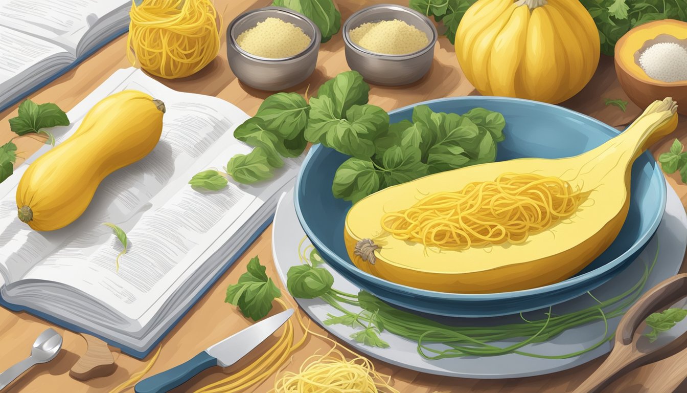 A vibrant spaghetti squash surrounded by various kitchen utensils and a recipe book open to a page about the benefits and uses of the vegetable