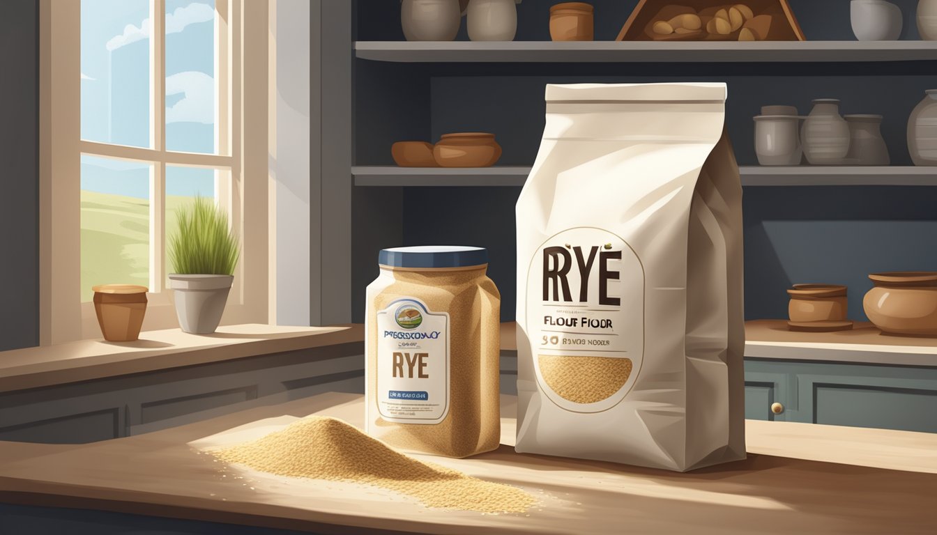 A sealed bag of rye flour is stored in a cool, dry pantry away from direct sunlight and moisture