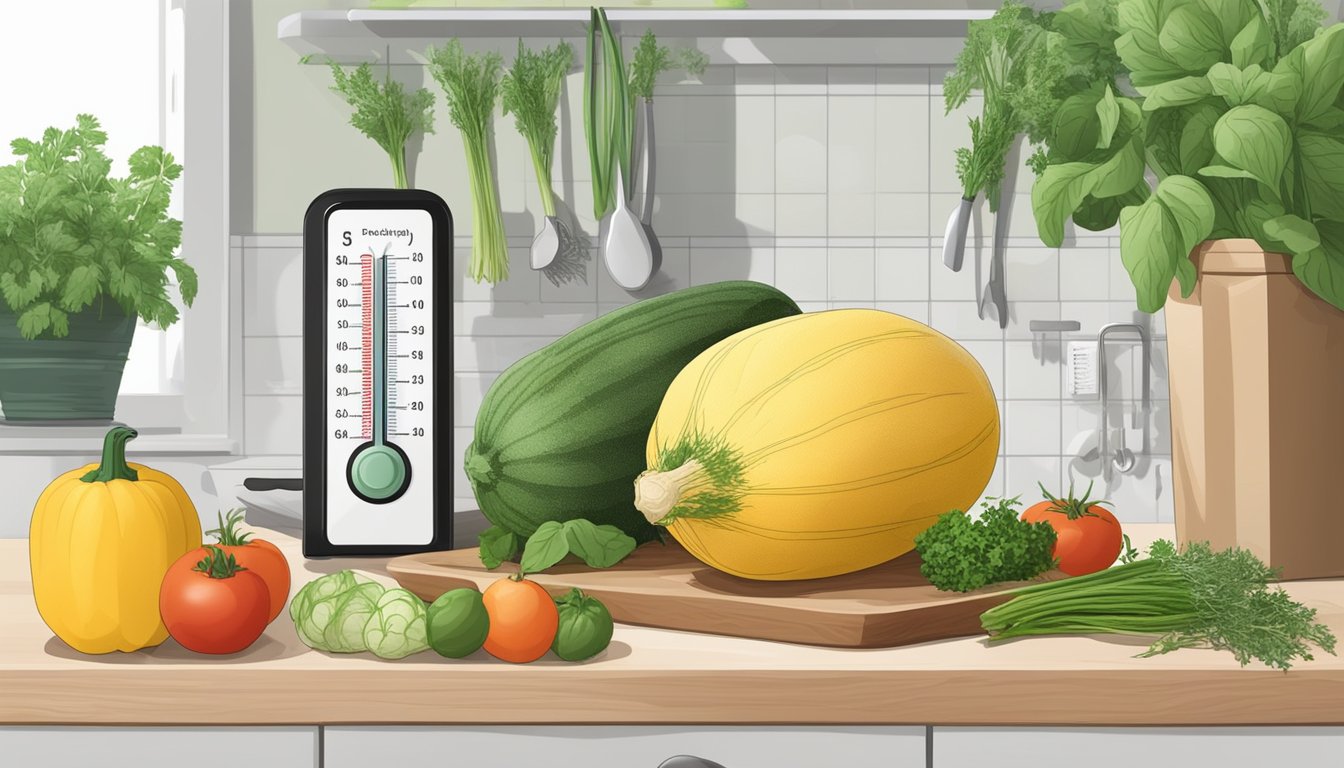 A whole spaghetti squash sits on a clean kitchen counter, surrounded by fresh herbs and vegetables. A thermometer and food safety guidelines are visible nearby