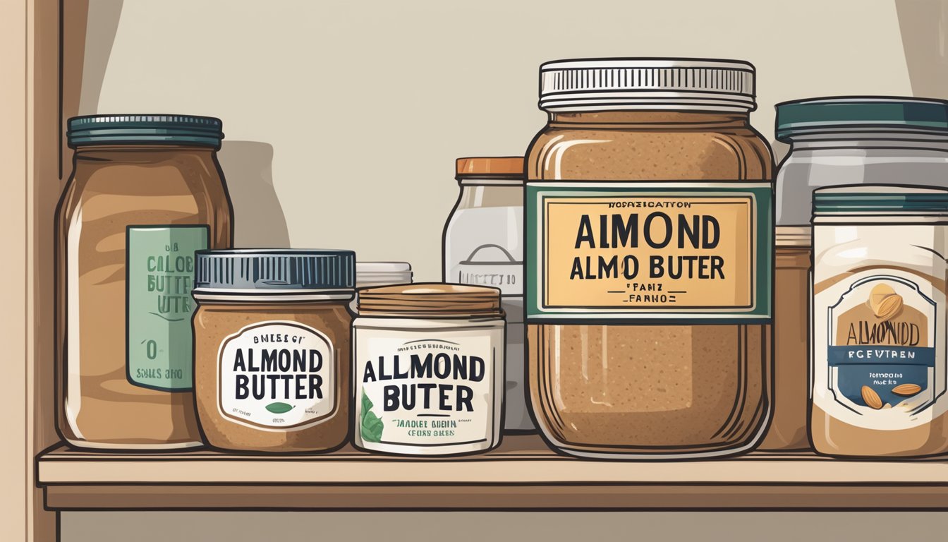 A jar of almond butter sits on a shelf next to other pantry items. The lid is tightly sealed, and the label indicates the expiration date