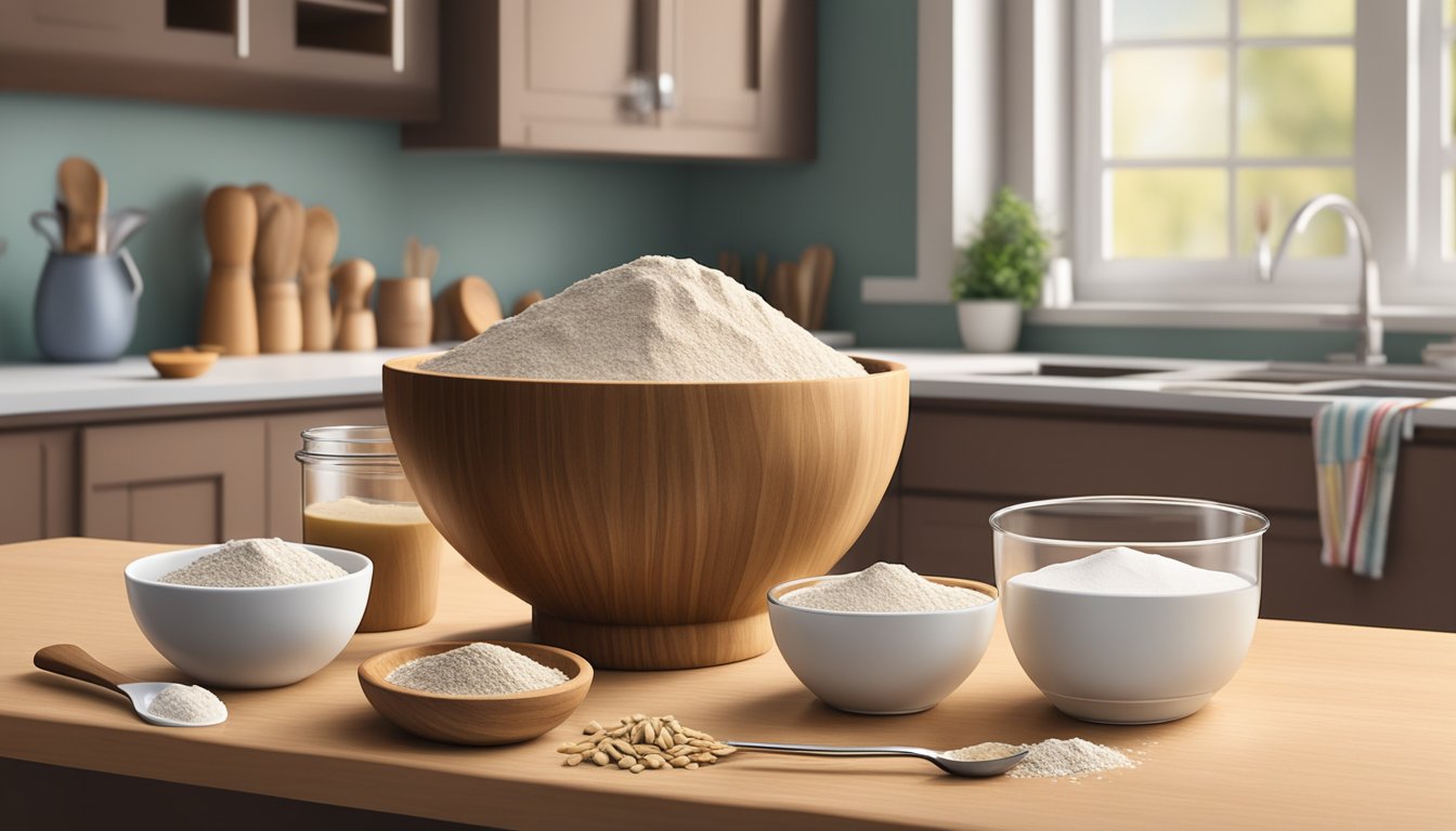 A wooden mixing bowl filled with rye flour sits on a kitchen counter, surrounded by measuring cups and a bag of flour. A spoon and a recipe book are nearby