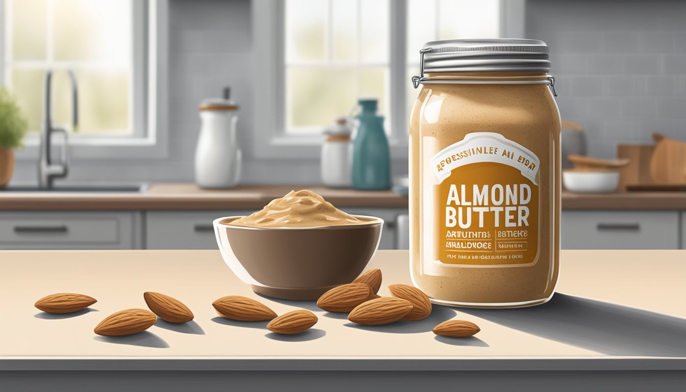 A jar of almond butter sits on a kitchen counter. Mold and discoloration are visible on the surface, indicating spoilage