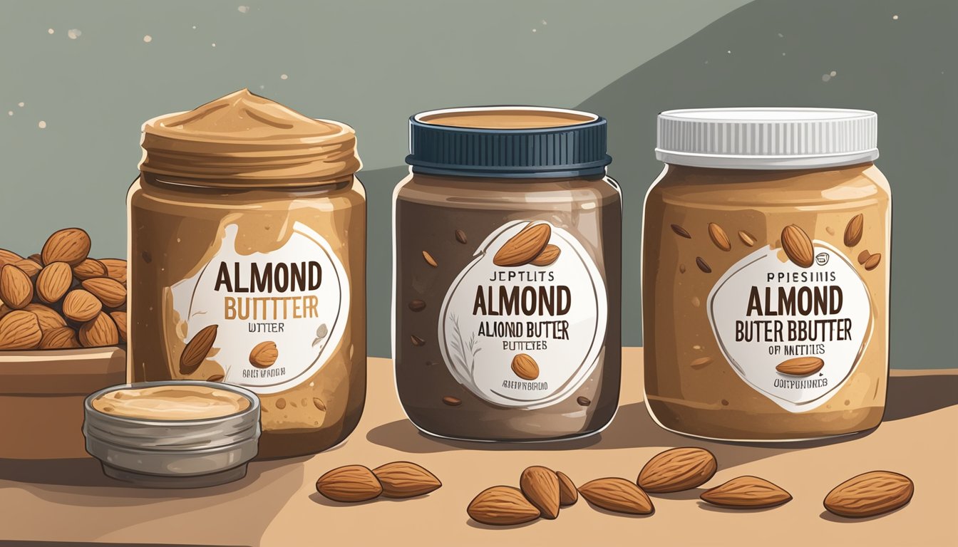 A jar of almond butter sits next to jars of other nut butters, with expiration dates and moldy spots visible