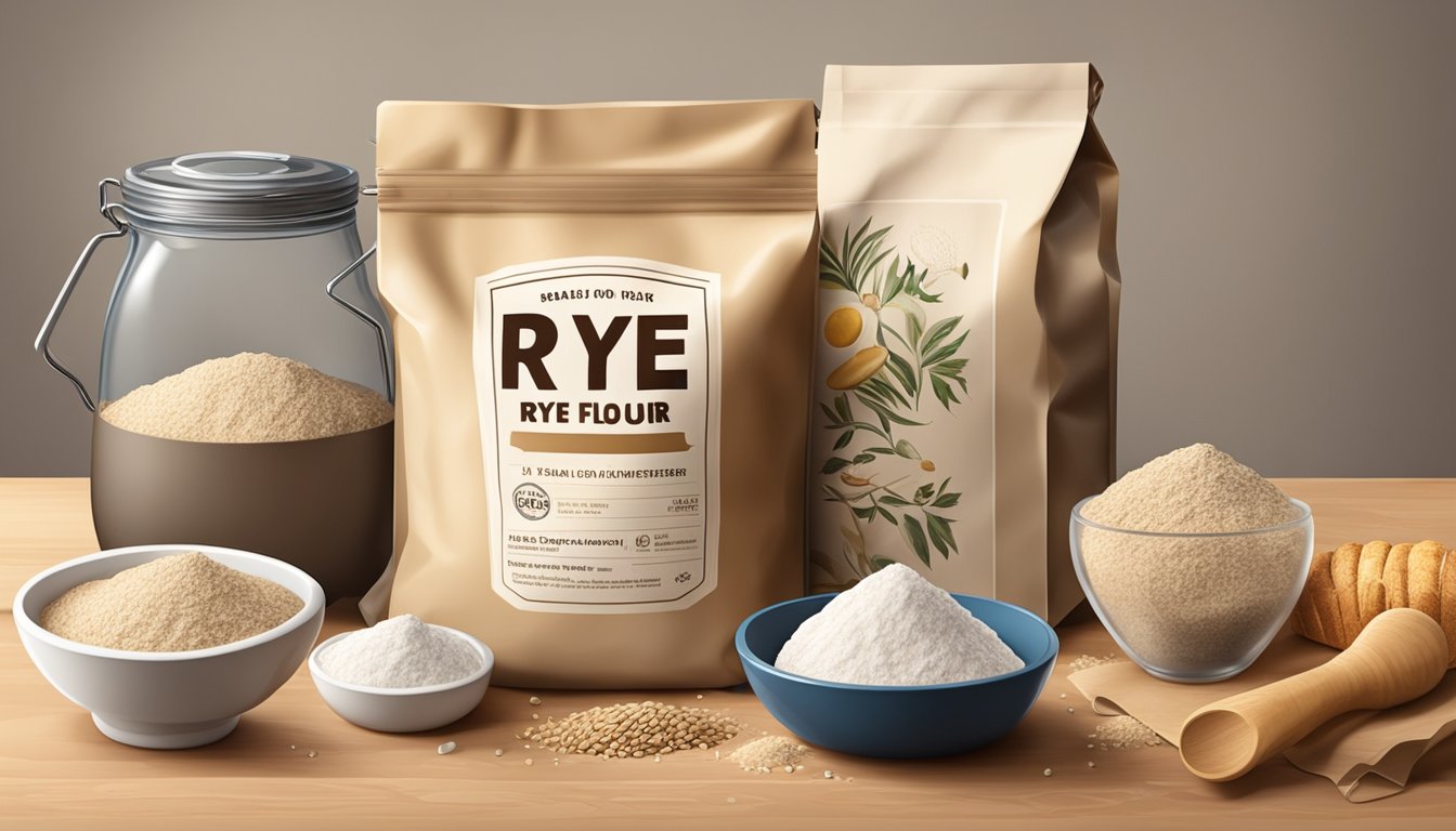 A bag of rye flour with a visible expiration date, surrounded by various baking ingredients and utensils on a kitchen counter