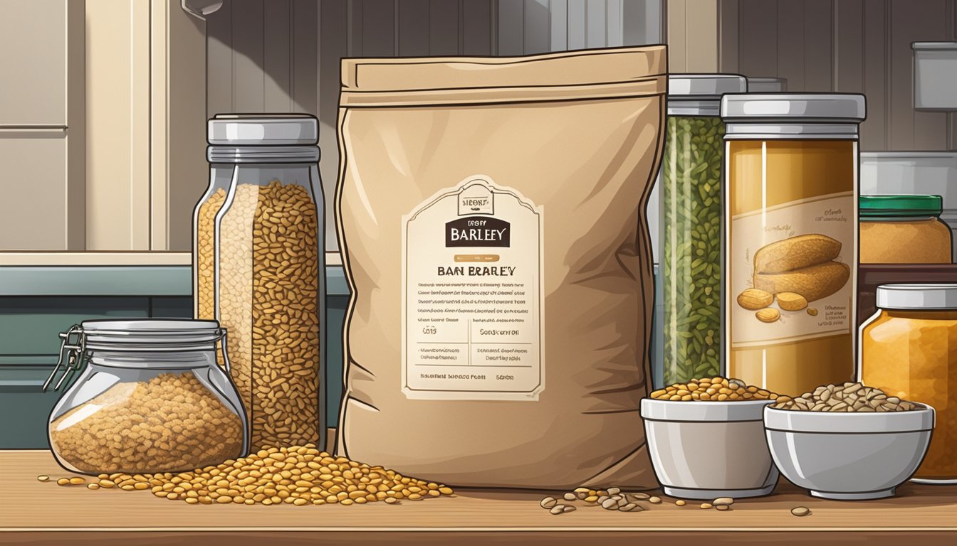 A bag of barley sits on a kitchen shelf, surrounded by other grains and pantry items. The label on the bag is faded, indicating its age