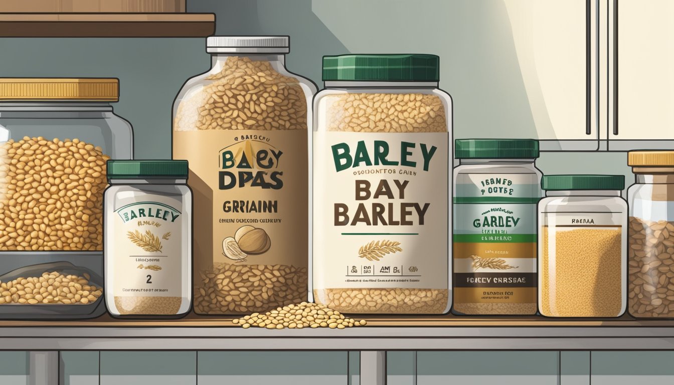 A bag of barley sits on a kitchen shelf, surrounded by other dry goods. The label shows the expiration date, but the grains inside remain untouched