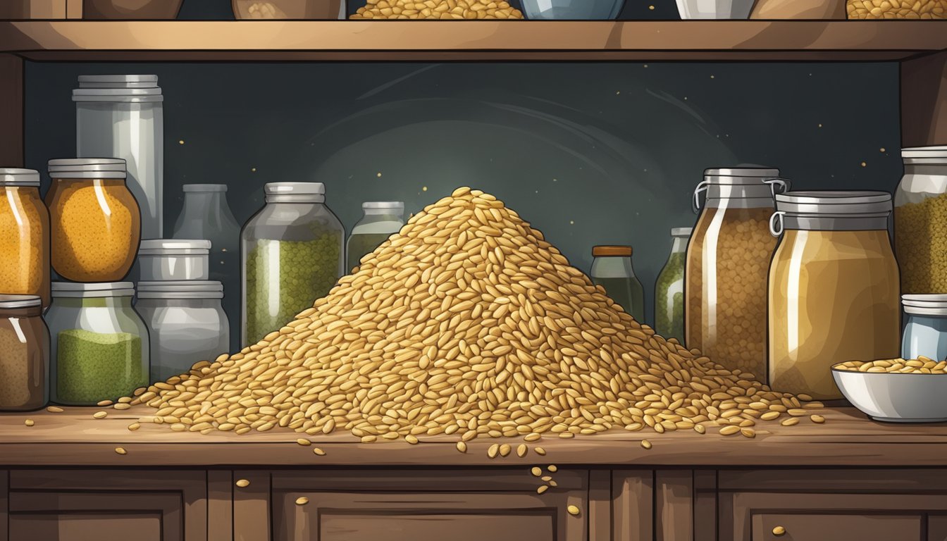 A pile of moldy barley sits in a forgotten corner of a pantry, with a foul odor emanating from the spoiled grains