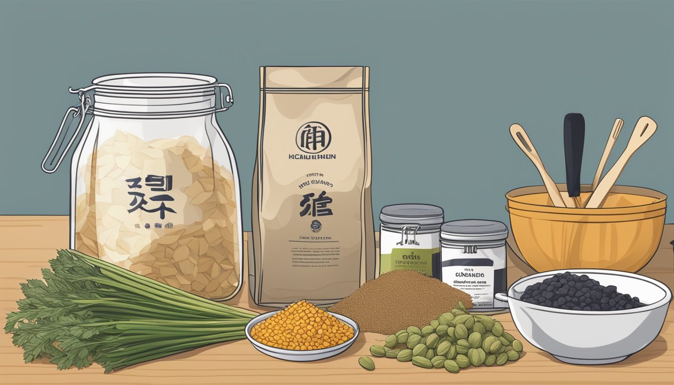 A bag of dried hijiki sits on a kitchen counter, surrounded by various cooking ingredients and utensils