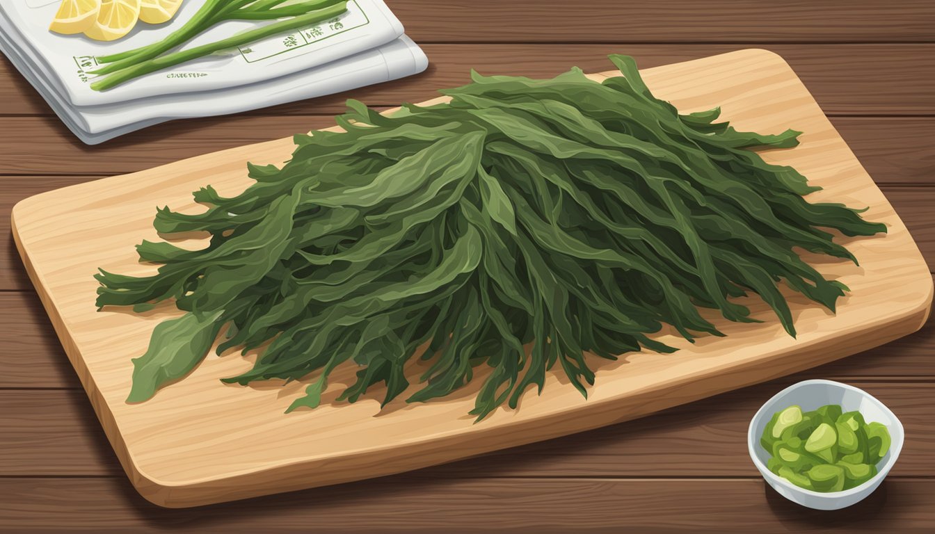 A pile of fresh hijiki seaweed sits on a wooden cutting board, surrounded by various vegetables and a nutrition label