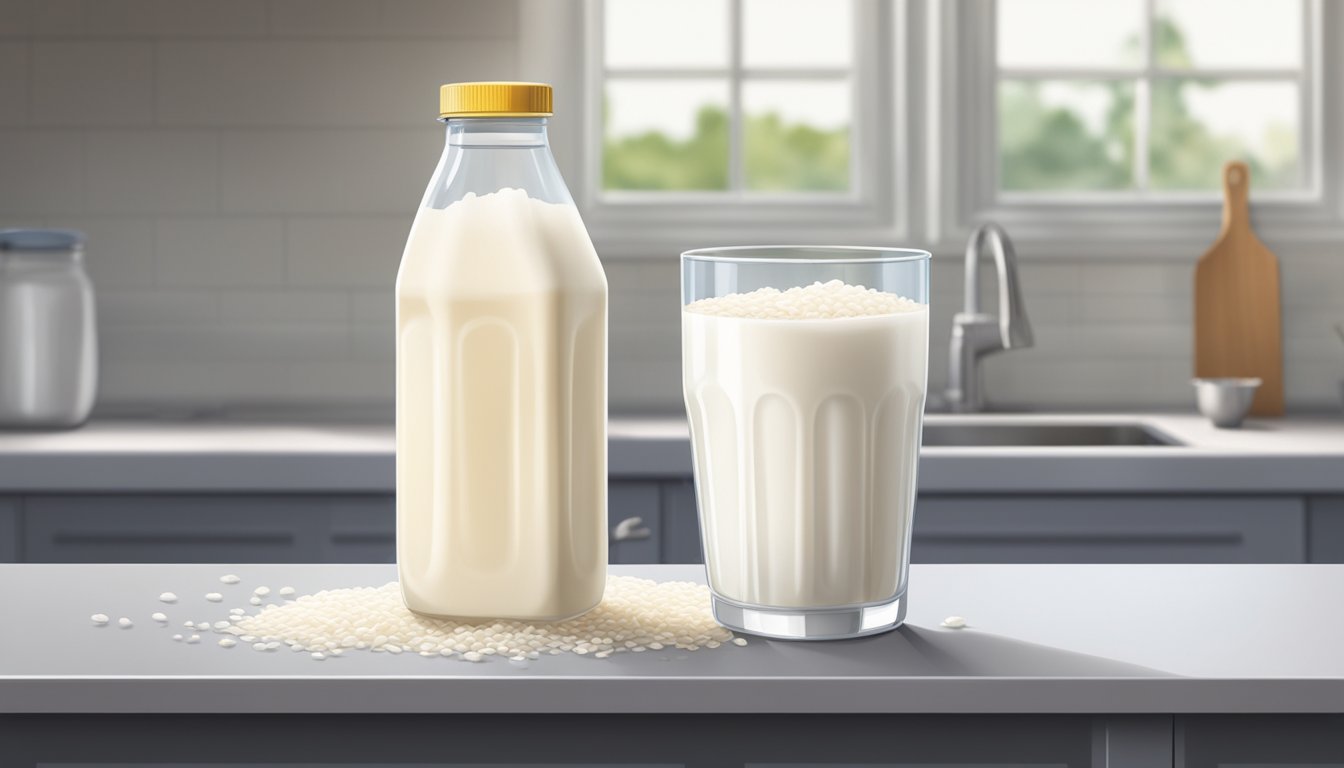 A carton of rice milk sits on a kitchen counter, with a sour smell emanating from it. The liquid inside appears curdled and lumpy, indicating spoilage