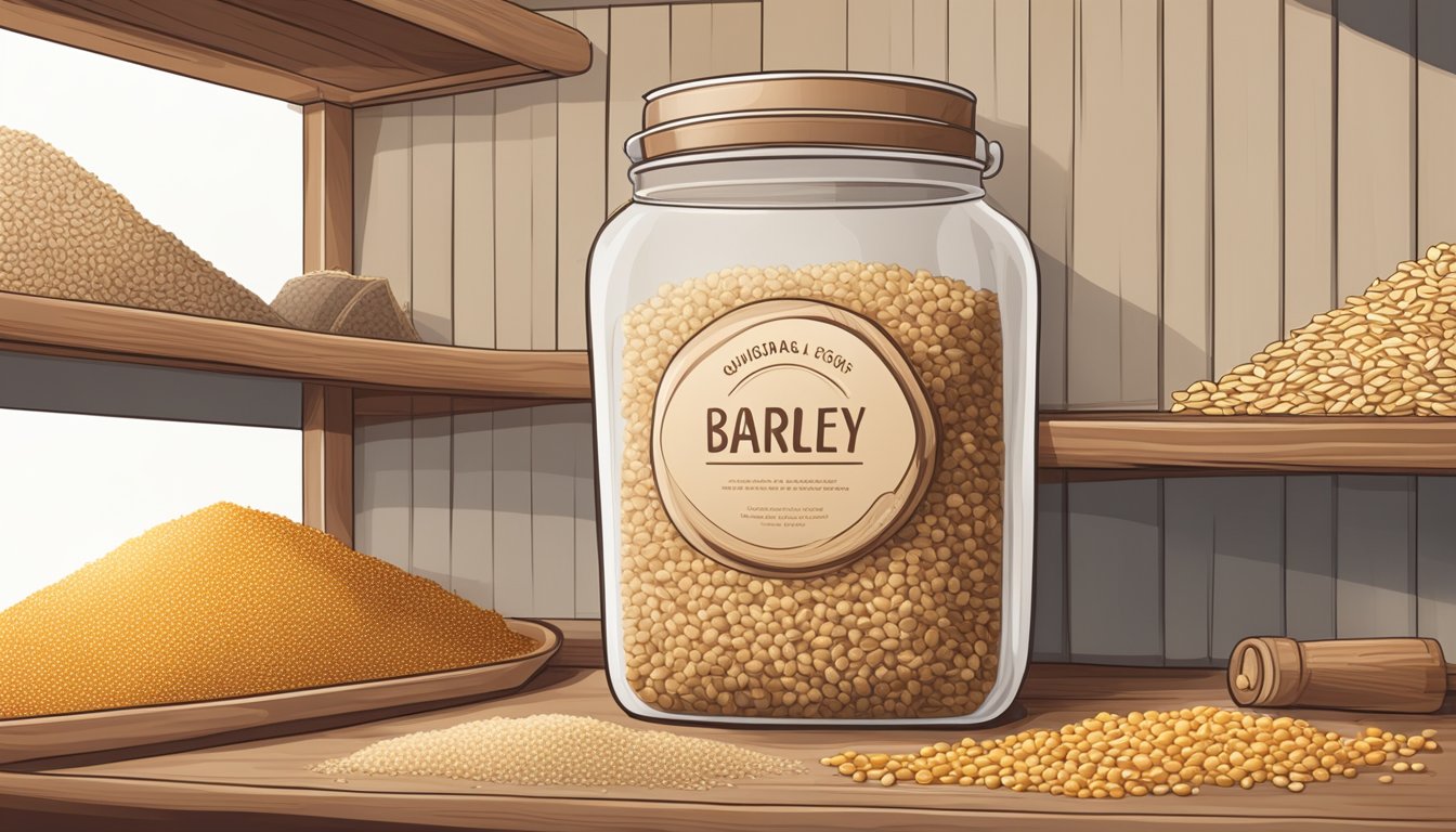 A bag of barley sits on a pantry shelf, surrounded by various alternative grains like quinoa, rice, and oats