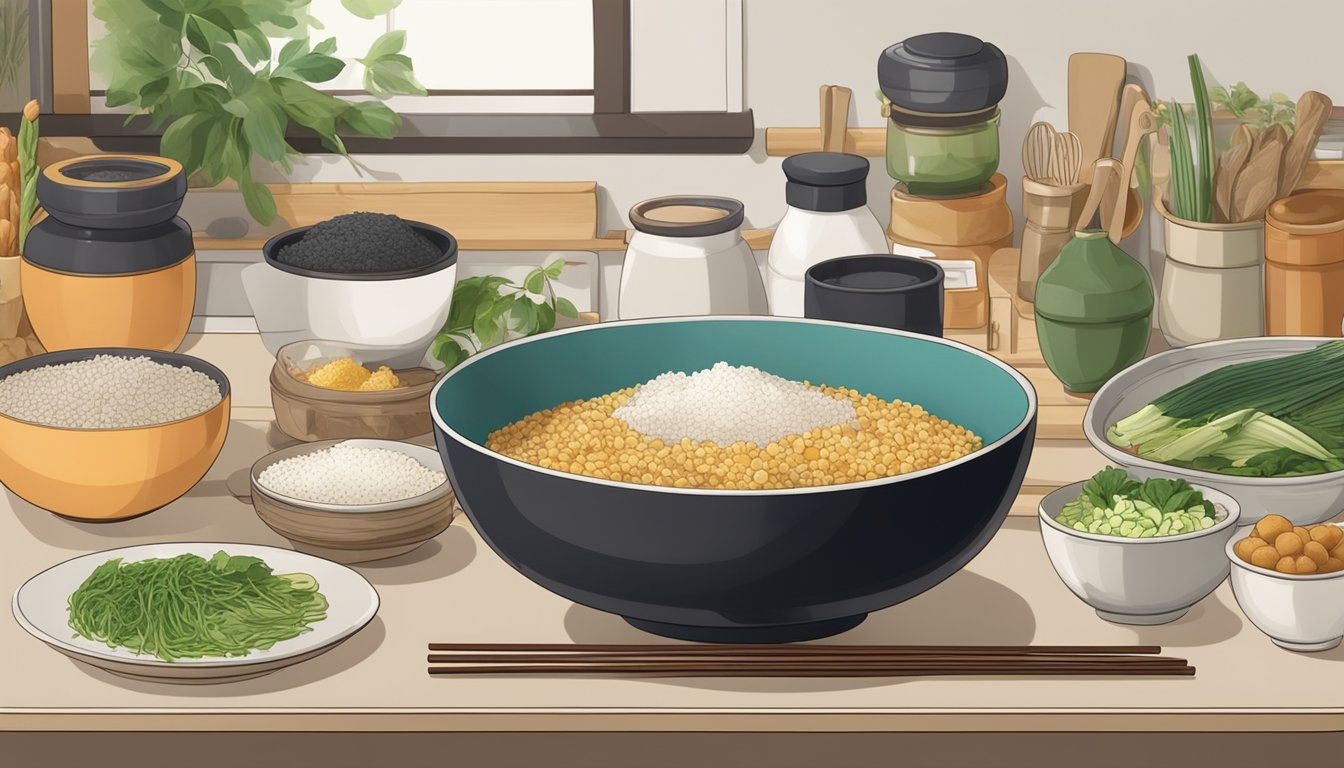 A bowl of hijiki sitting on a kitchen counter, surrounded by various cooking ingredients and utensils