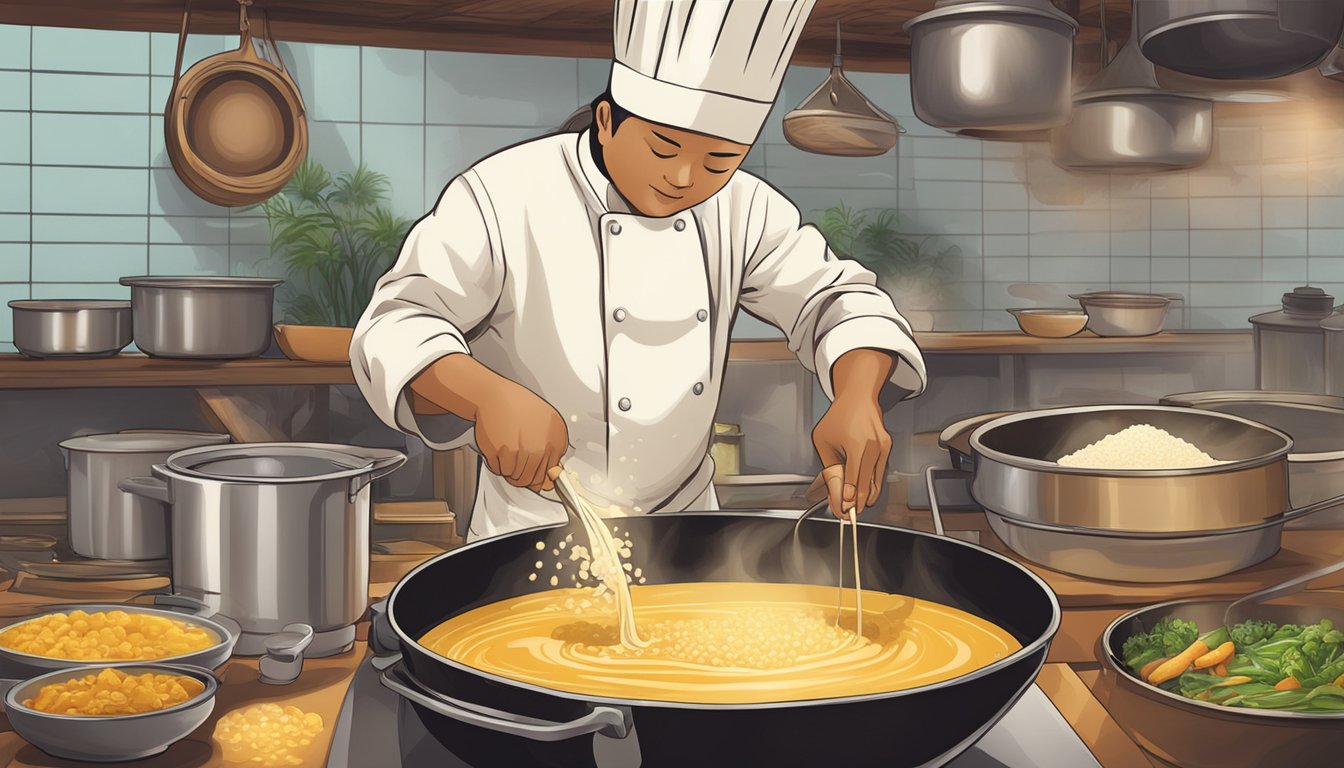 A chef pouring rice milk into a simmering pot of curry