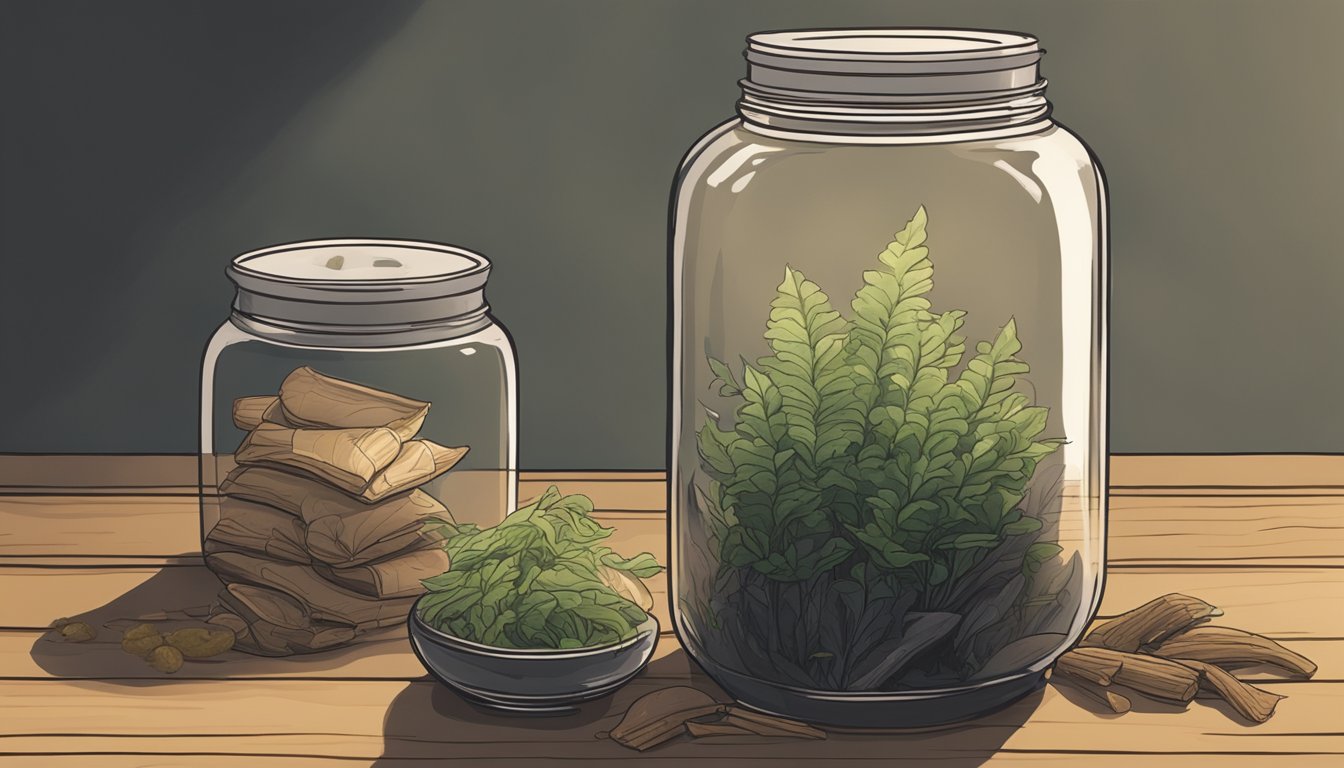 A glass jar of hijiki sits on a wooden shelf, surrounded by other dried goods. The room is dimly lit, with a faint smell of earthy seaweed in the air