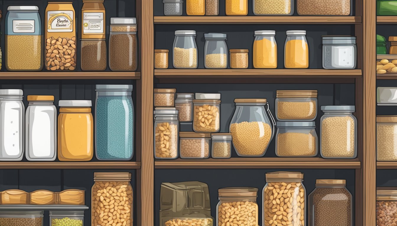 A sealed container of barley sits on a sturdy shelf in a cool, dry pantry, surrounded by other non-perishable foods