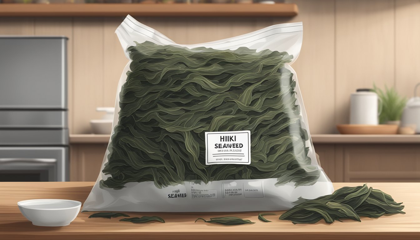 A pile of dried hijiki seaweed sits on a kitchen shelf, with a best before date label