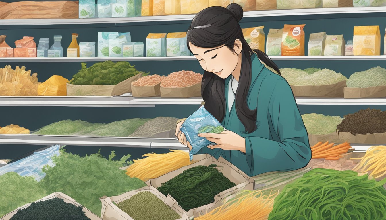 A woman examines a package of hijiki at a grocery store, surrounded by various types of seaweed and other Japanese ingredients