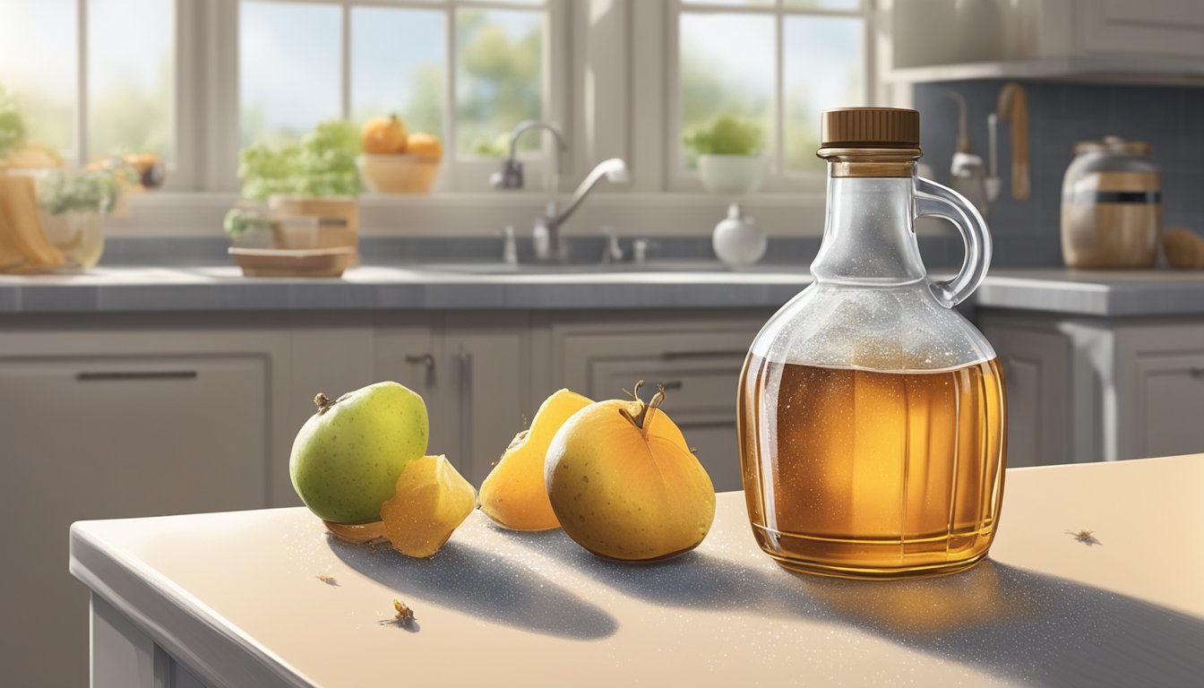 A bottle of open maple syrup sits on a kitchen counter, surrounded by fruit flies and with visible mold forming at the top