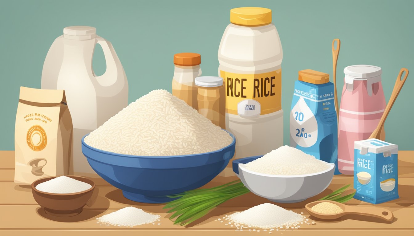 A bag of rice flour with a clear expiration date, surrounded by various cooking utensils and ingredients