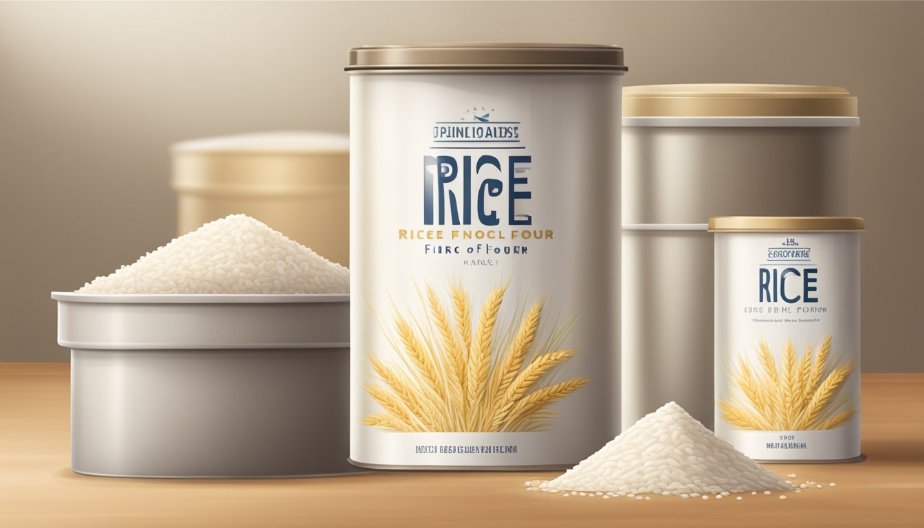 A sealed container of rice flour on a clean, dry shelf