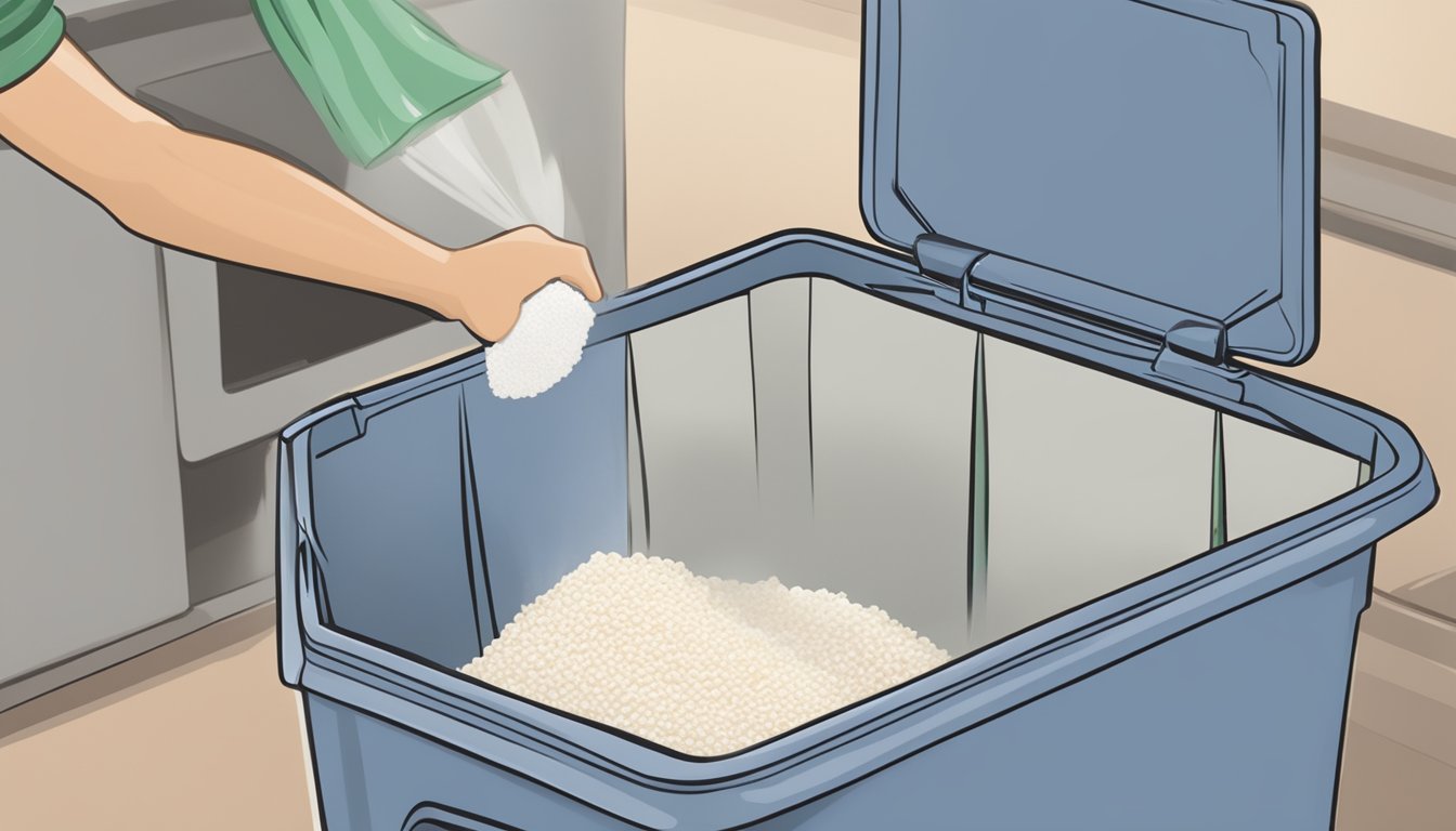 A bag of expired rice flour being disposed of in a trash bin, with a label indicating the expiration date