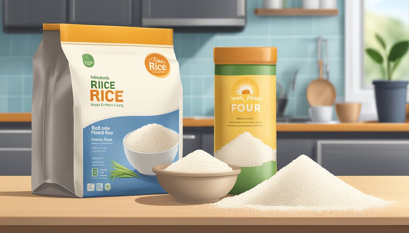 A bag of rice flour sits open on a kitchen counter, next to a tightly sealed container of the same flour