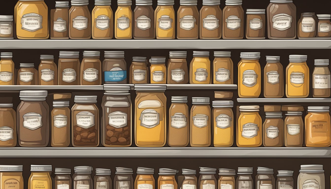 A pantry shelf with labeled jars of beef broth, organized and sealed