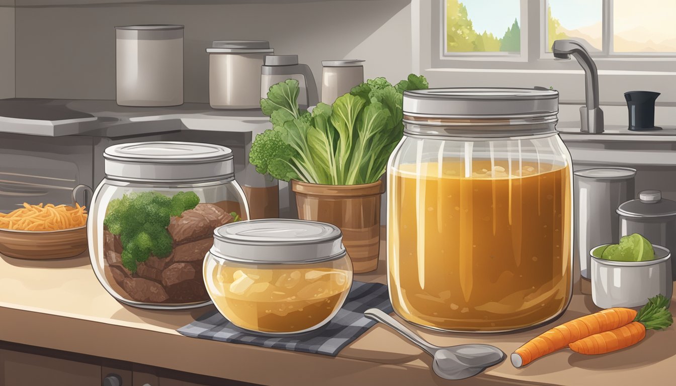 A clear glass jar of beef broth sits on a kitchen counter, surrounded by various food items. The broth appears cloudy and has a strong, unpleasant odor