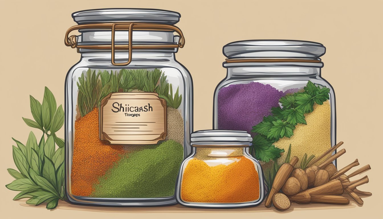 A glass jar of shichimi togarashi sits on a wooden spice rack, surrounded by other colorful spices and herbs. The label on the jar is slightly faded, indicating it has been in use for some time