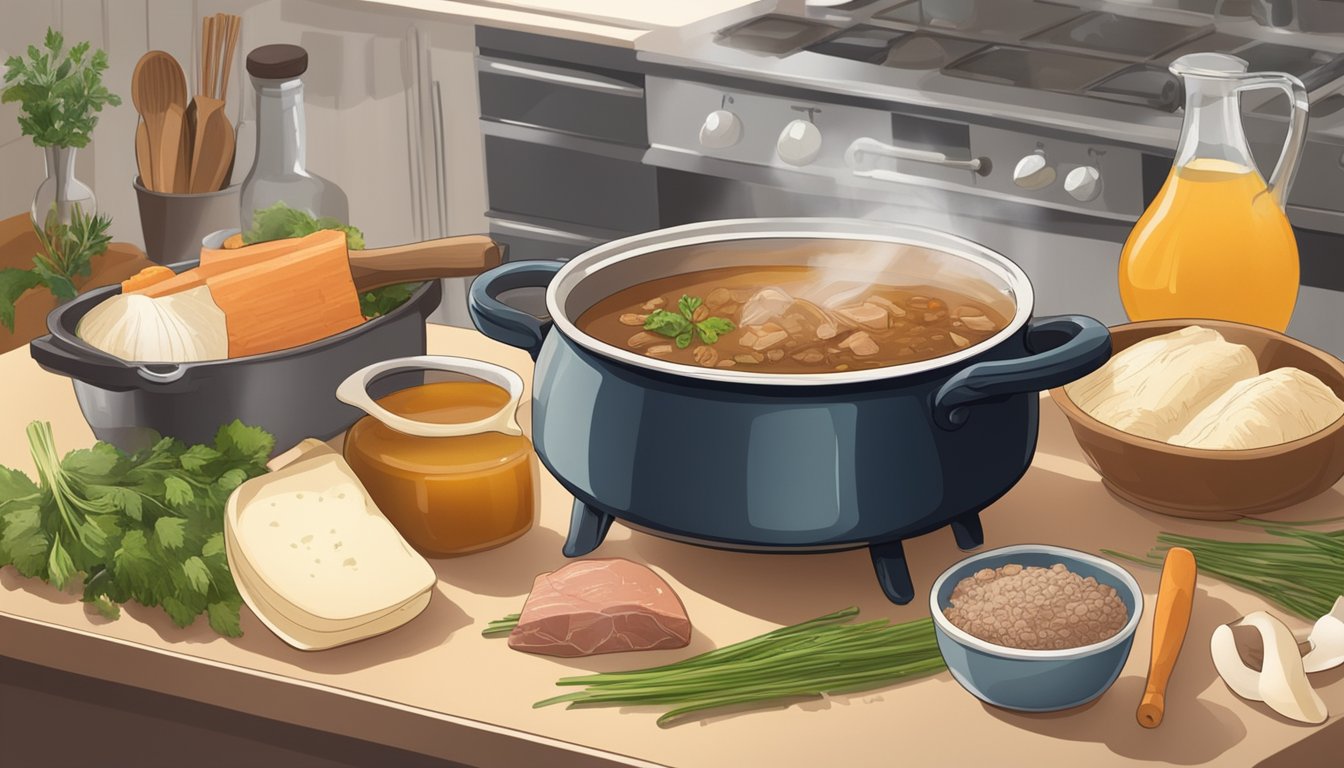 A pot of beef broth sits on a kitchen counter, surrounded by various ingredients and cooking utensils. The broth appears clear and aromatic