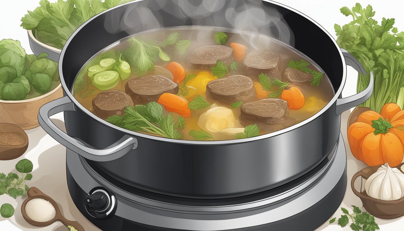 A simmering pot of beef broth on a stovetop, surrounded by various vegetables and herbs, with steam rising from the surface