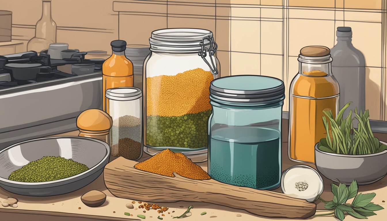 A jar of shichimi togarashi sits on a kitchen counter, surrounded by various cooking utensils and ingredients. The vibrant colors and aromatic spices hint at its potential culinary uses