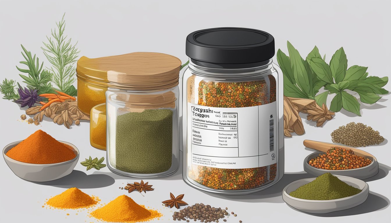 A jar of shichimi togarashi sits on a kitchen counter with various colorful spices and herbs scattered around it, while a nutrition label and expiration date are visible on the packaging