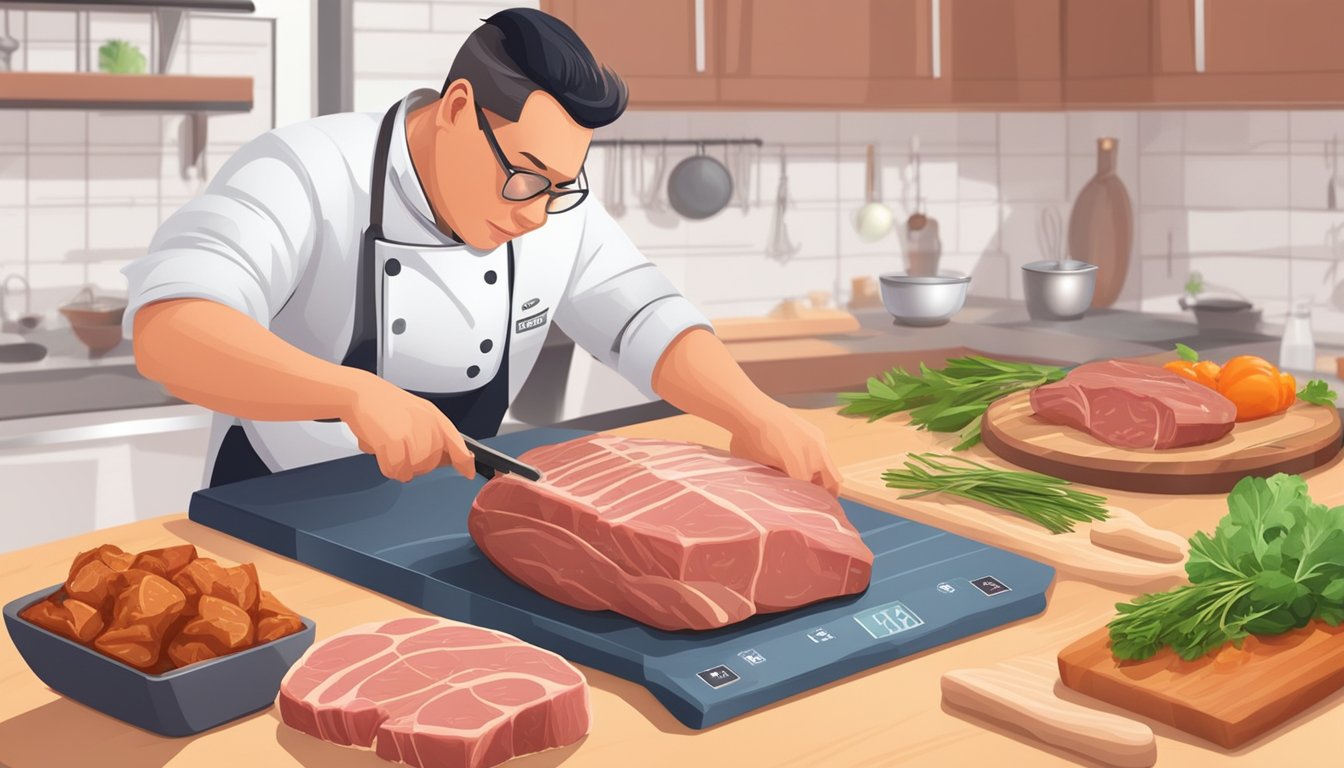 A chef using a meat thermometer to check the internal temperature of a pork loin on a cutting board, with a timer set nearby