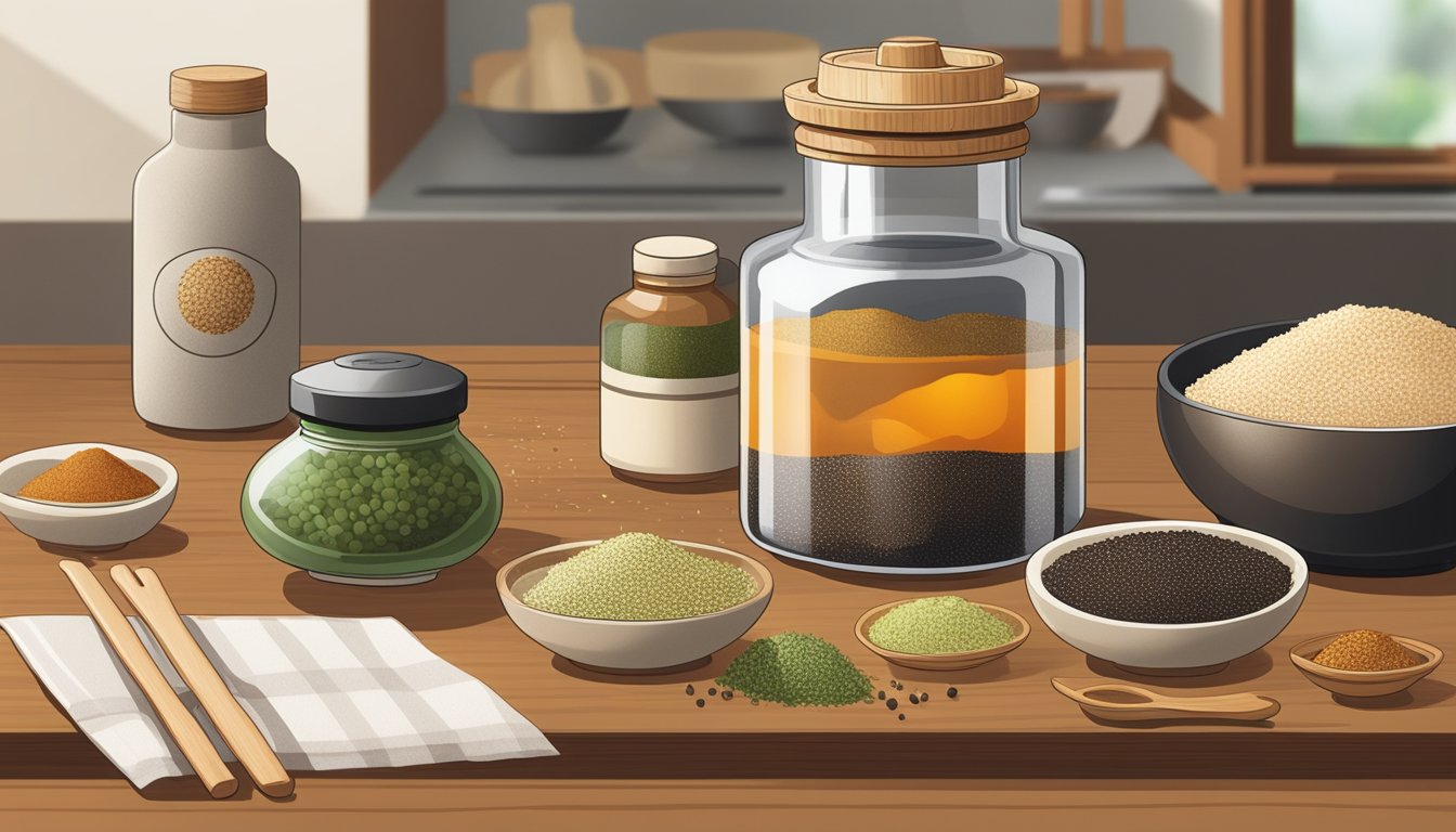 A traditional Japanese spice jar of shichimi togarashi sits on a wooden kitchen counter, surrounded by other cooking ingredients and utensils