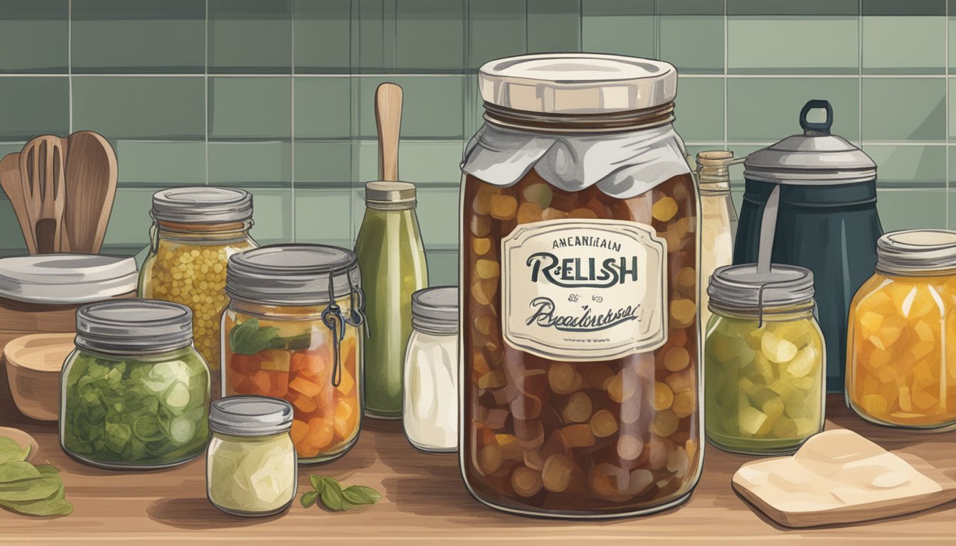 A jar of relish sits on a kitchen counter, surrounded by various condiments and utensils. The label is faded, hinting at its age